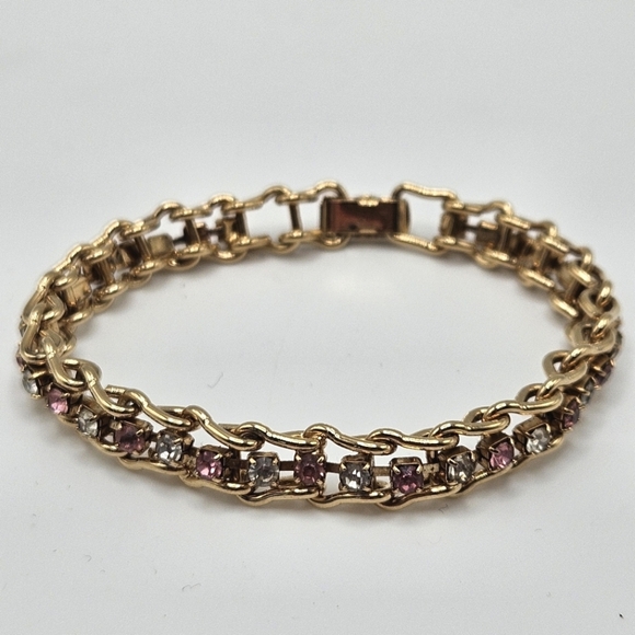 VINTAGE Pink and Clear Prong Set Rhinestone Tennis Style Gold Tone Bracelet - Picture 1 of 7